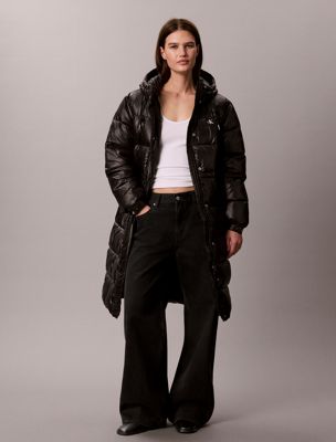  błyszczący długi płaszcz puchowy z kapturem dla kobiety - calvin klein jeans