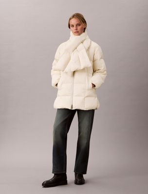 beige pikowany puchowy płaszcz z szalikiem dla kobiety - calvin klein jeans