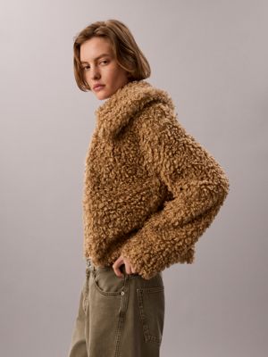tigers eye faux shearling teddy jacket for women calvin klein jeans
