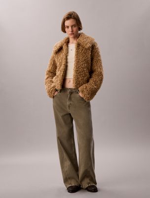brown kurtka ze sztucznego kożucha dla kobiety - calvin klein jeans