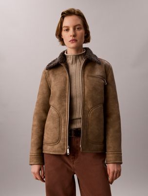 brown faux shearling aviator jacket for women calvin klein jeans