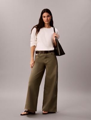 khaki cotton twill wide leg trousers for women calvin klein jeans