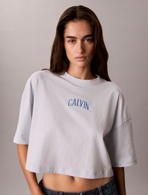 white cropped varsity logo t-shirt for women calvin klein jeans