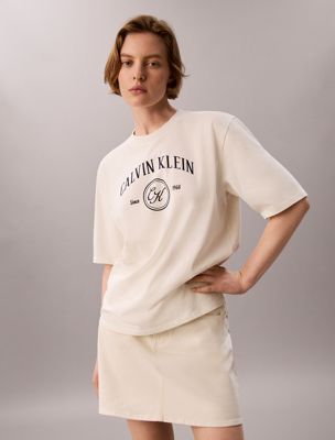 beige relaxed graphic logo t-shirt for women calvin klein jeans