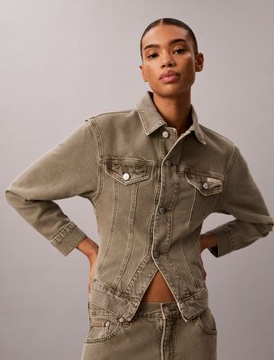green fitted waist denim jacket for women 