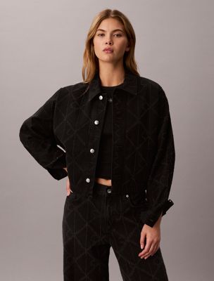 black jeansjacke mit allover-logo für damen - calvin klein jeans