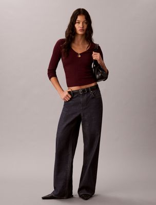 purple top aus baumwolle mit rüschen und metalldetails für damen - calvin klein jeans