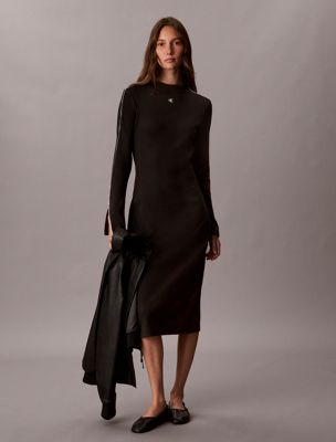 black schmales midi-kleid aus gerippter baumwolle für damen - calvin klein jeans