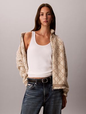 beige sherpa-fleece-jacke mit reißverschluss für damen - calvin klein jeans