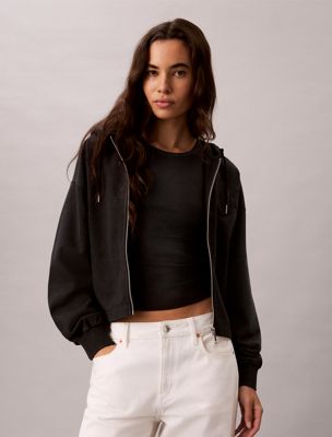 grey premium terry relaxed zip hoodie for women calvin klein jeans