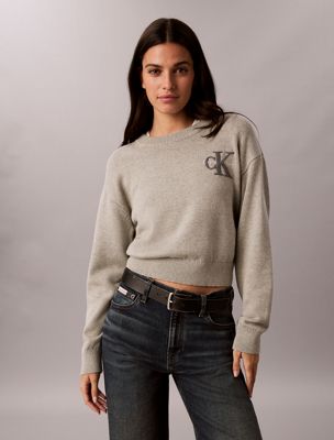 grey cotton knit monogram jumper for women calvin klein jeans