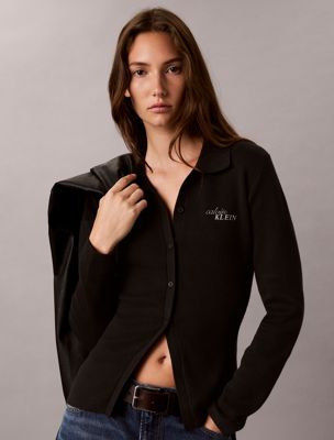 black cotton knit polo collar cardigan for women calvin klein jeans