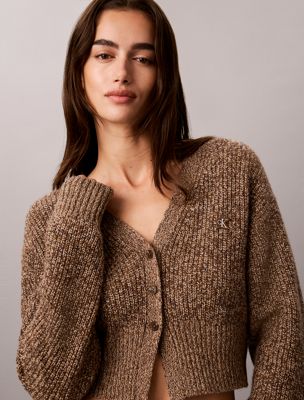 brown cropped wool blend mouliné cardigan for women calvin klein jeans
