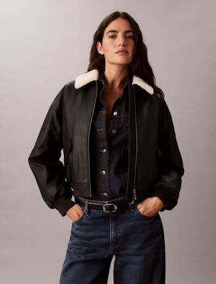black faux leather padded bomber jacket for women calvin klein jeans