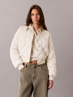 beige gesteppte satin-bomberjacke für damen - calvin klein jeans