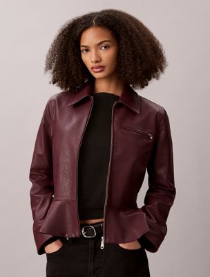 burgundy faux leather moto jacket for women calvin klein jeans