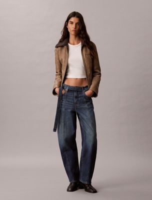 blue relaxed belted barrel jeans for women calvin klein jeans