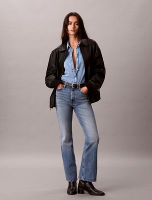 blue high-rise bootcut-jeans für damen - calvin klein jeans