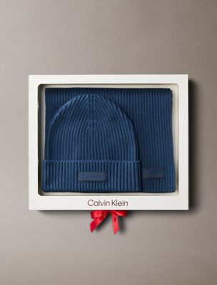 set de regalo de bufanda y gorro de punto de algodón blue de hombres calvin klein