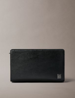 black saffiano emblem zip pouch with handle for men calvin klein
