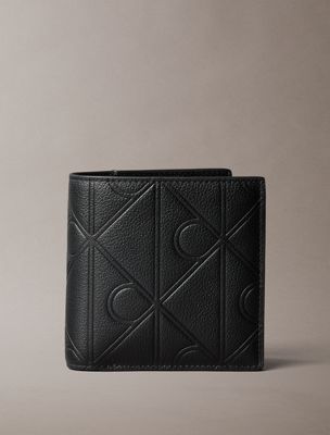black full-grain leather rfid trifold wallet for men calvin klein