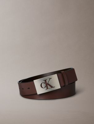 brown skórzany pasek z pełną klamrą i monogramem dla mężczyźni - calvin klein