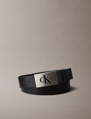 black skórzany pasek z pełną klamrą i monogramem dla mężczyźni - calvin klein