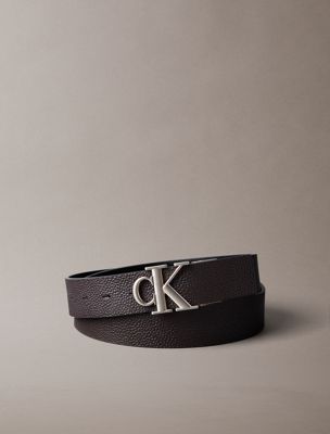 black dwustronny skórzany pasek z monogramem z logo dla mężczyźni - calvin klein