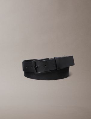 black full-grain leather emblem logo belt for men calvin klein