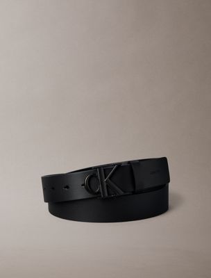 black leather monogram logo belt for men calvin klein