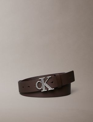 brown skórzany pasek z monogramem z logo dla mężczyźni - calvin klein