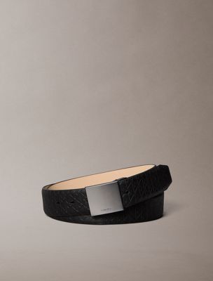 black leather emblem logo plaque buckle belt for men calvin klein