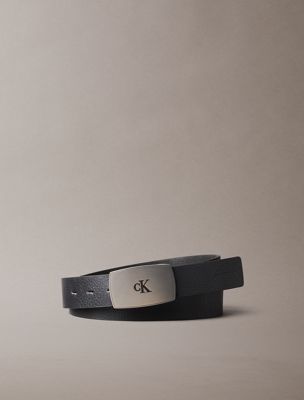 black leather plaque buckle belt for men calvin klein