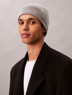 med heather grey mütze aus kaschmir mit emblem-logo für herren - calvin klein
