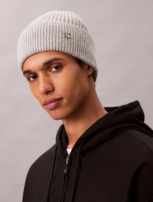 light grey heather wool blend signature logo beanie for men calvin klein