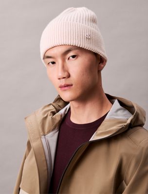 tender blush wool blend signature logo beanie for men calvin klein