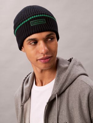 dark sapphire/verdant green cotton cashmere blend beanie for men calvin klein