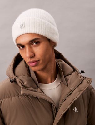 diaphonous beanie mit emblem-logo und bommel aus wollgemisch für herren - calvin klein