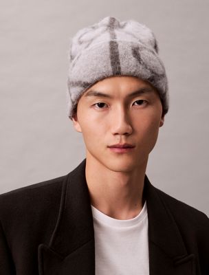 charcoal aop warm wool blend logo beanie for men calvin klein