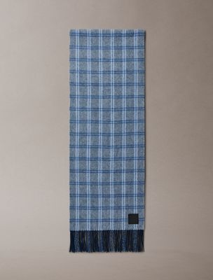 blue checked wool leather badge scarf for men calvin klein