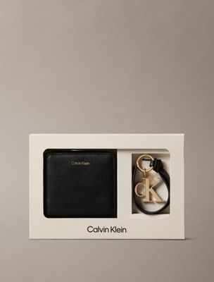 black faux leather zip wallet and key fob set for women calvin klein