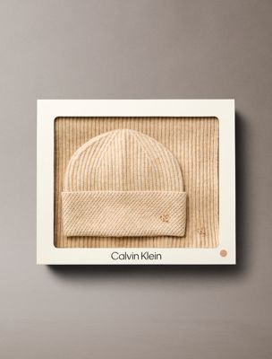 beige wool blend scarf and beanie gift set for women calvin klein