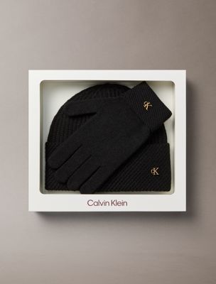 black wool blend beanie and gloves gift set for women calvin klein