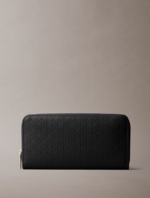 black large leather rfid zip-around wallet for women calvin klein
