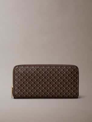 brown allover emblem logo zip wallet for women calvin klein