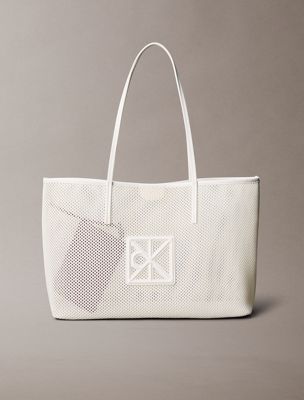 beige emblem logo mesh tote bag for women calvin klein