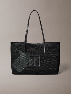black emblem logo mesh tote bag for women calvin klein