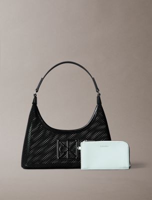 black emblem logo mesh shoulder bag for women calvin klein