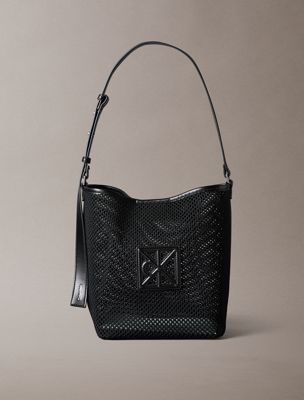 black mesh emblem logo bucket bag with pouch for women calvin klein