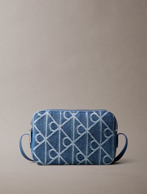 blue denim allover emblem logo camera bag for women calvin klein